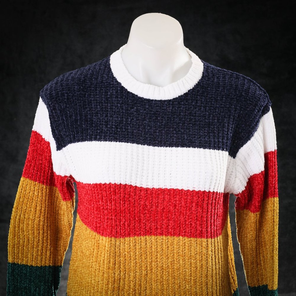 NWT Evelyn Taylor | Mustard & Navy Stripe Chenille Sweater - M - Picture 4 of 9